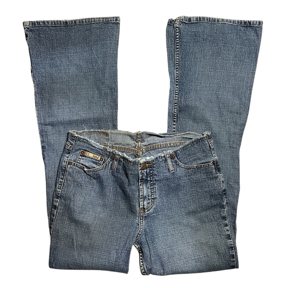 VINTAGE Y2K L.E.I. Frayed Raw Hem Low Rise Flared Light Wash Denim Jeans Sz. 9 - Picture 2 of 9